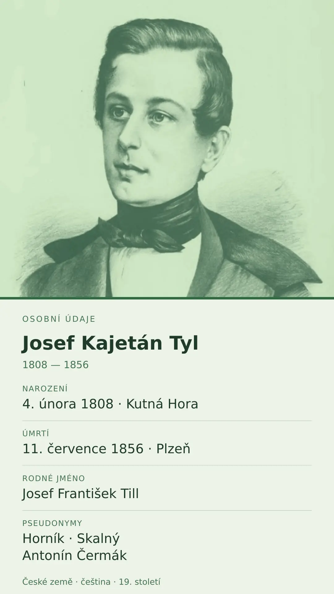 Josef Kajetán Tyl – zeleně tónovaný historický portrét a karta s daty narození, úmrtí, rodným jménem a pseudonymy