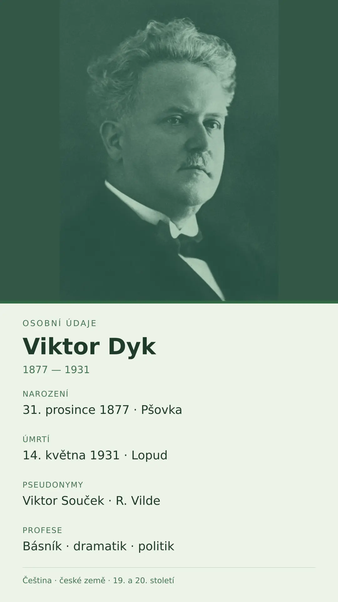 Viktor Dyk – zeleně tónovaná historická fotografie a karta s daty narození, úmrtí, pseudonymy a profesemi