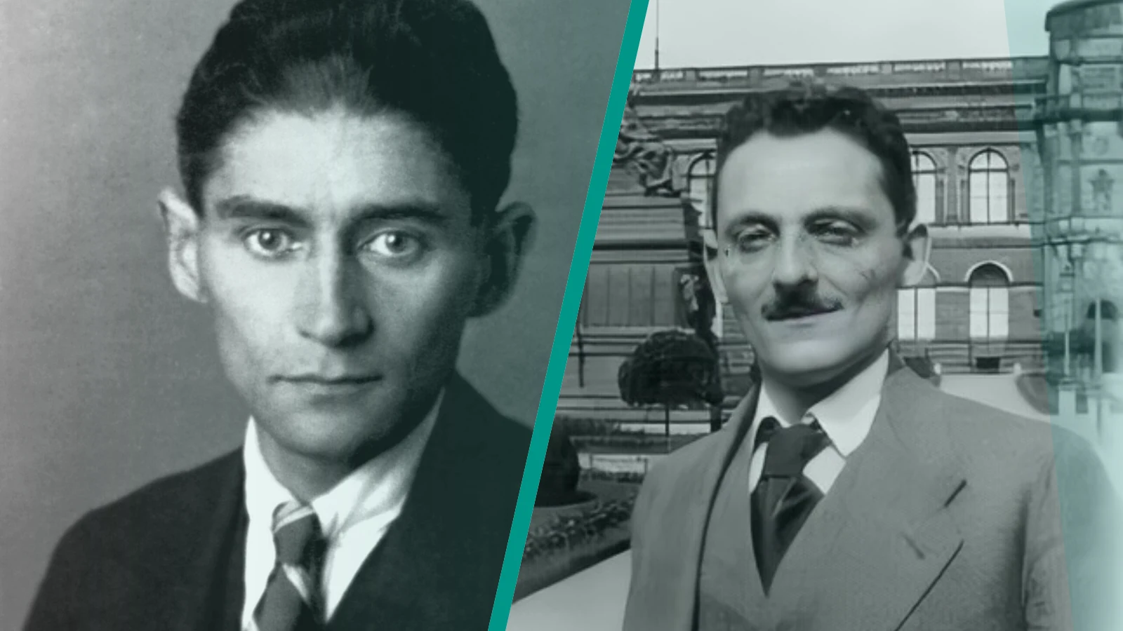 Fotografická koláž skutečných dobových portrétů: Franz Kafka vlevo a Max Brod vpravo.